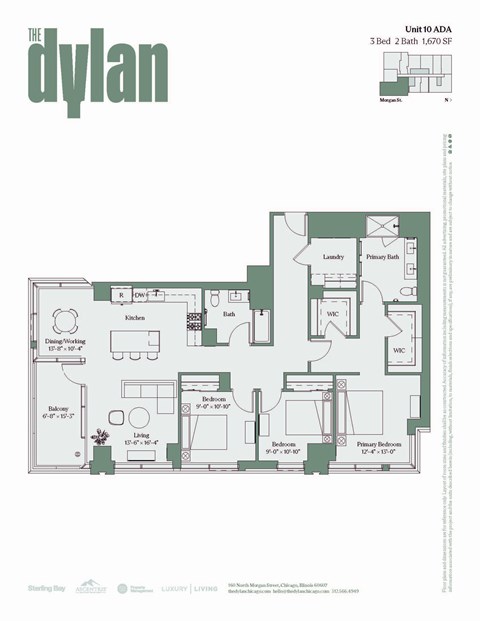 Floor plan for 3 beds, 2 baths, 1670 sqft